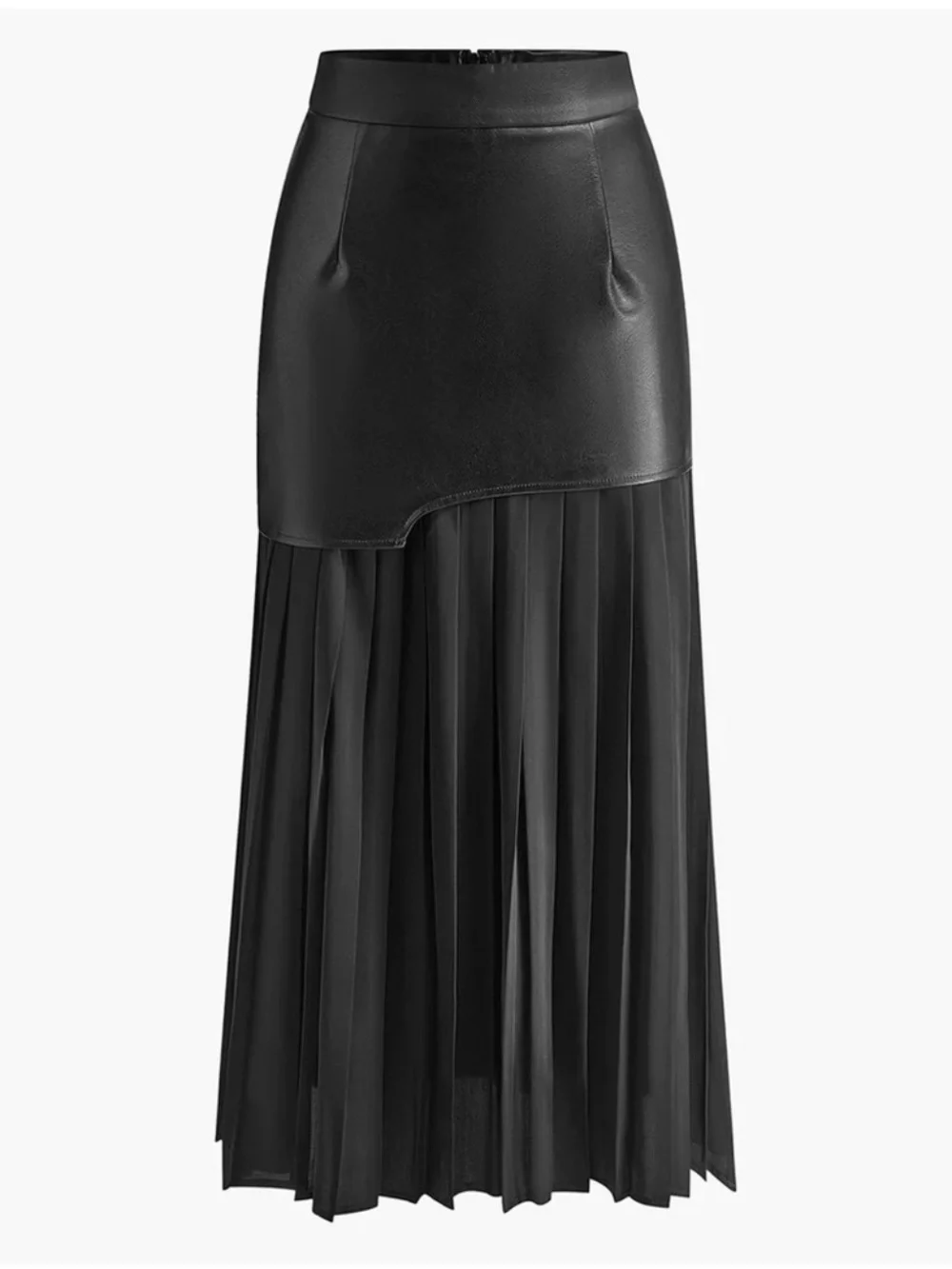 Asymmetric Patchwork Faux Leather Chiffon Midi Skirt Size M